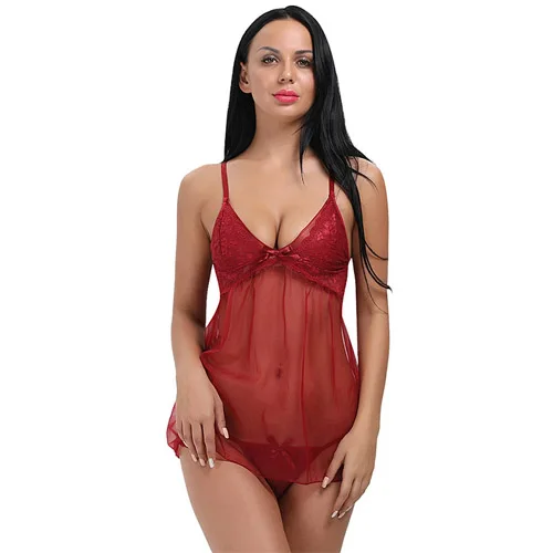 Transparent Babydoll Sexy Lingerie Erotic Plus Size Sexy Underwear Women Costumes For Sex Sleepwear Lingerie Lace Nightwear - Цвет: Red