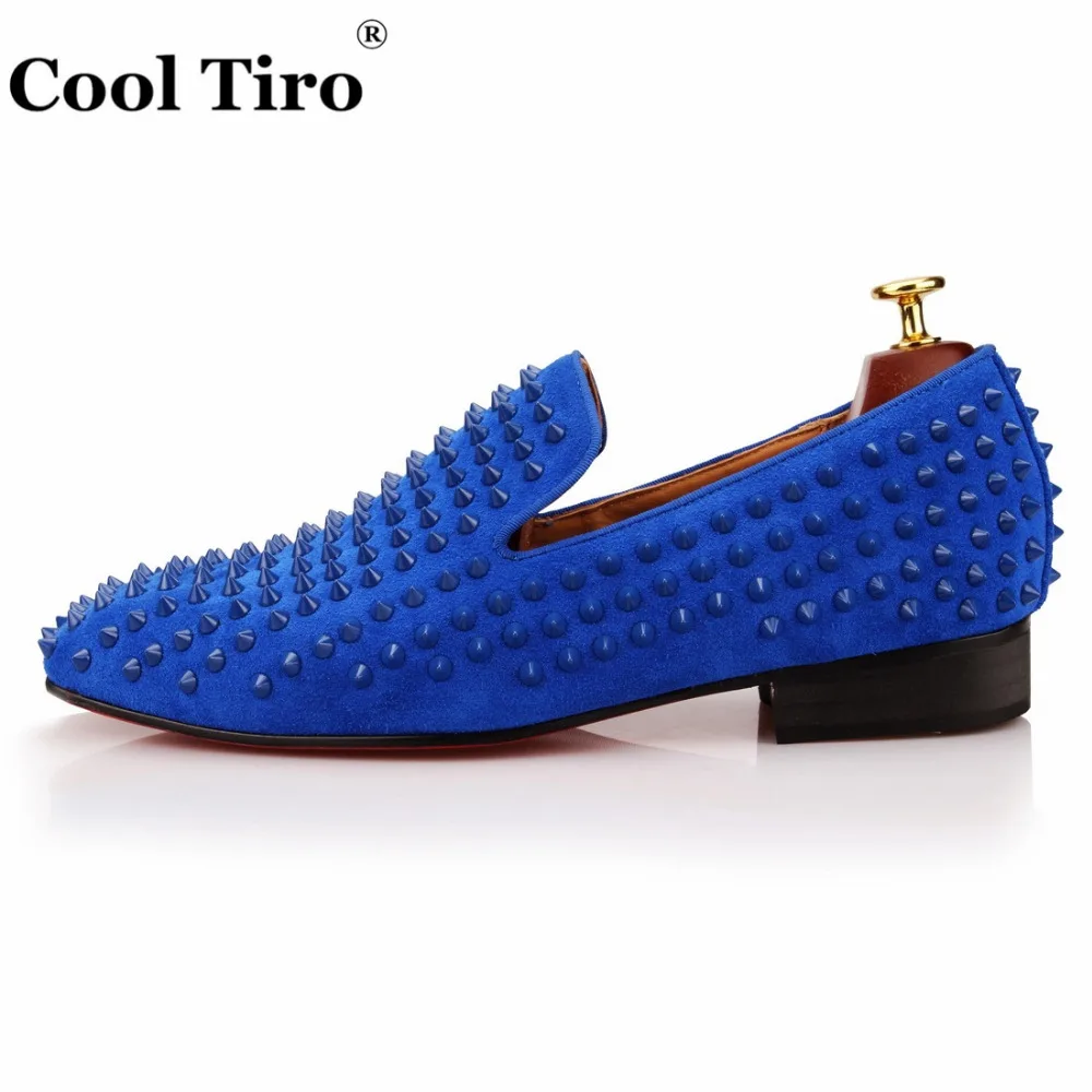 Крутые мужские лоферы TIRO с шипами и заклепками синие замшевые модельные туфли