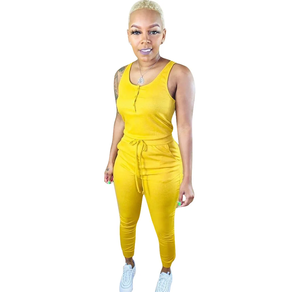 

Solid Sport Casual Jumpsuits Strap Front Button Sleeveless Bandage Pants Women Summer Plus Size Tracksuits Club Black Romper