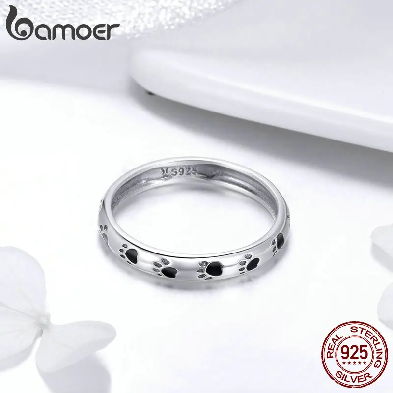 BAMOER, 925 пробы, серебряное, штабелируемое, собака, кошка, следы, кольца на палец для женщин, обручальное кольцо, ювелирное изделие, подарок на день Святого Валентина SCR445