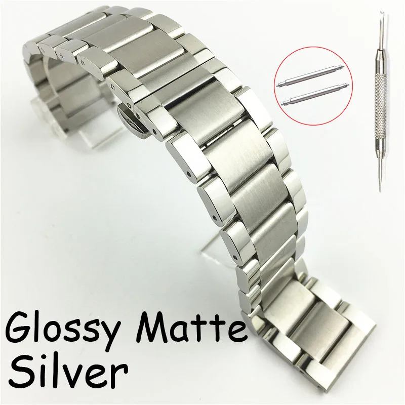 Glossy Matte silver Сменный ремешок для часов из нержавеющей стали глянцевый матовый двойной цвет Бабочка Пряжка ремешок для часов 16 18 20 21 22 23 24 26 мм - Цвет ремешка: Glossy Matte silver