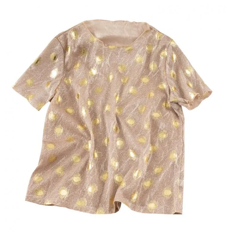 Женская Блестящая шелковая футболка с коротким рукавом и круглым воротником