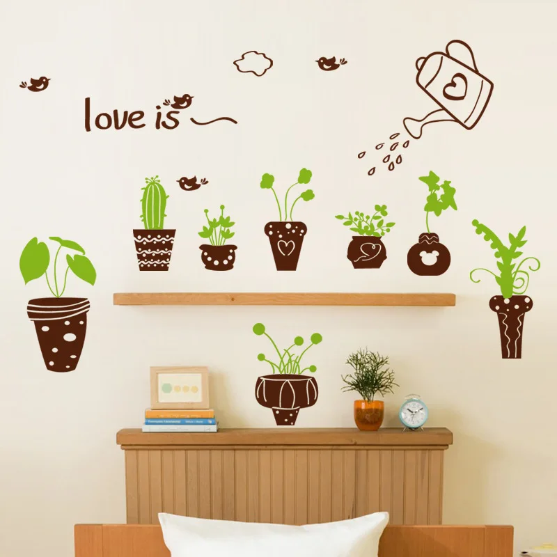 Съемные настенные наклейки с изображением свежих растений белого горшка зеленых