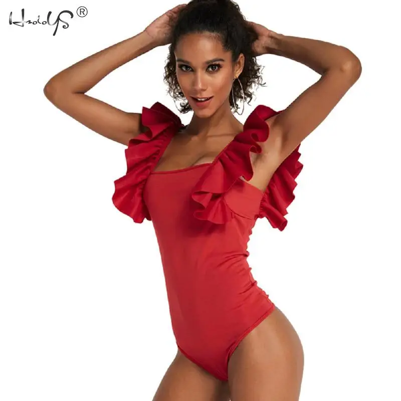 

Wine Red Elegant Office Lady Minimalist Square Neck Ruffle Armhole Sleeveless Solid Bodysuit Summer Women Workwear Bodysuits