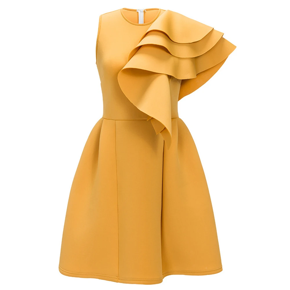 FEIBUSHI Elegant Women Party Dresses Sexy Double Ruffle Sleeve Back Zipper Solid Round Neck Flounce Plain Skater Dress | Женская одежда