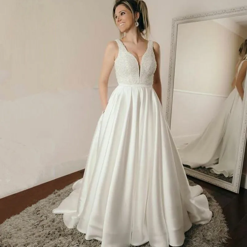 Женское атласное платье с V образным вырезом и карманами|Свадебные платья| |