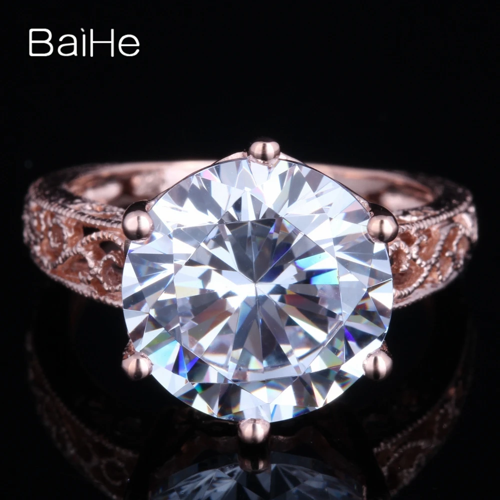 

BAIHE Solid 14K Rose Gold 11.94ct Flawless Round Genuine AAA Graded Cubic Zirconia Engagement Wedding Women Cubic Zirconia Ring