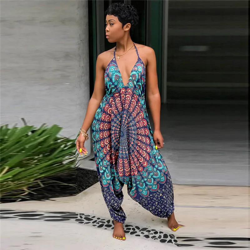 Fashion Loose V-Neck Cotton Overalls For Women Summer Bohemia Sleeveless Long Jumpsuit Romper Large Size 72#45 | Женская одежда