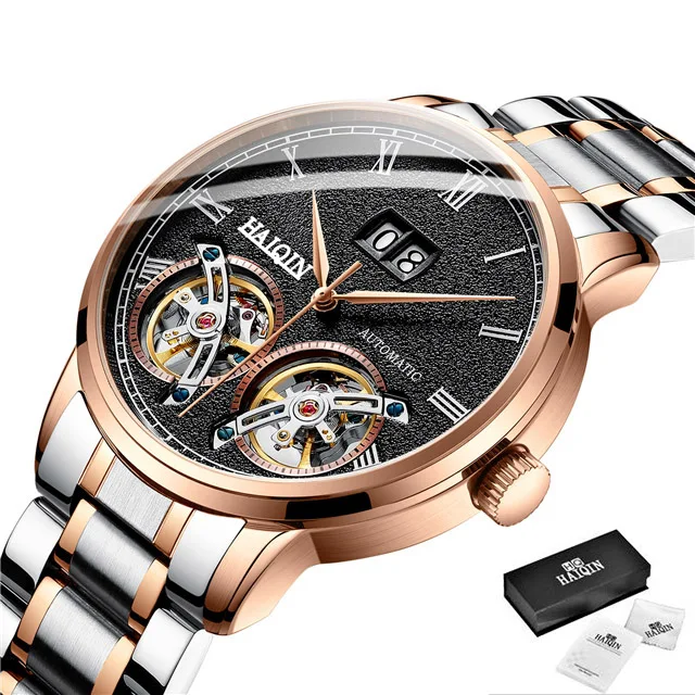 S-Golden black Мужские часы HAIQIN, новинка, Повседневная мода, автоматическая техника, наручные часы для мужчин, лучший бренд, роскошные Tourbillon часы, Relogio Masculino - Цвет: S-Golden black