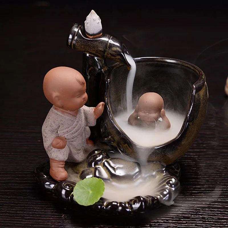 Backflow Incense Burner Home Decor Ceramic Little Monk Small Buddha Holder Aromatherapy Censer + 10Pcs Cones | Дом и сад