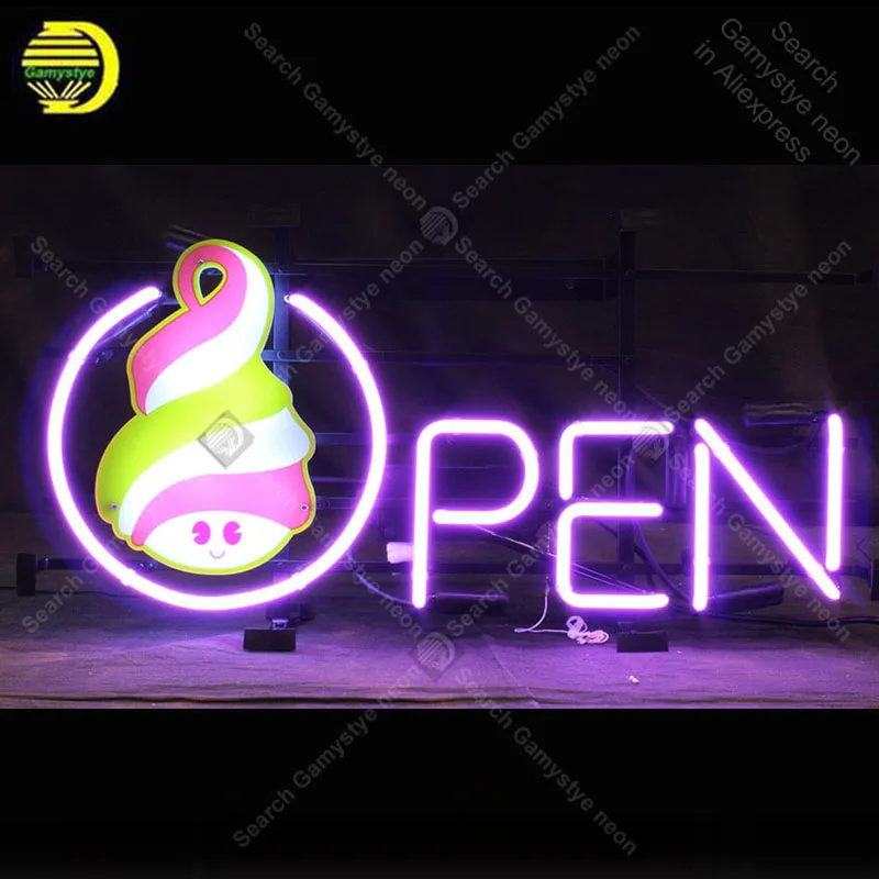 Open Neon Sign ice cream Neon Lamp Glass Tube Neon Bulbs Sign Recreation Shop Club Handcraft Indoor Sign Store Display 19x15