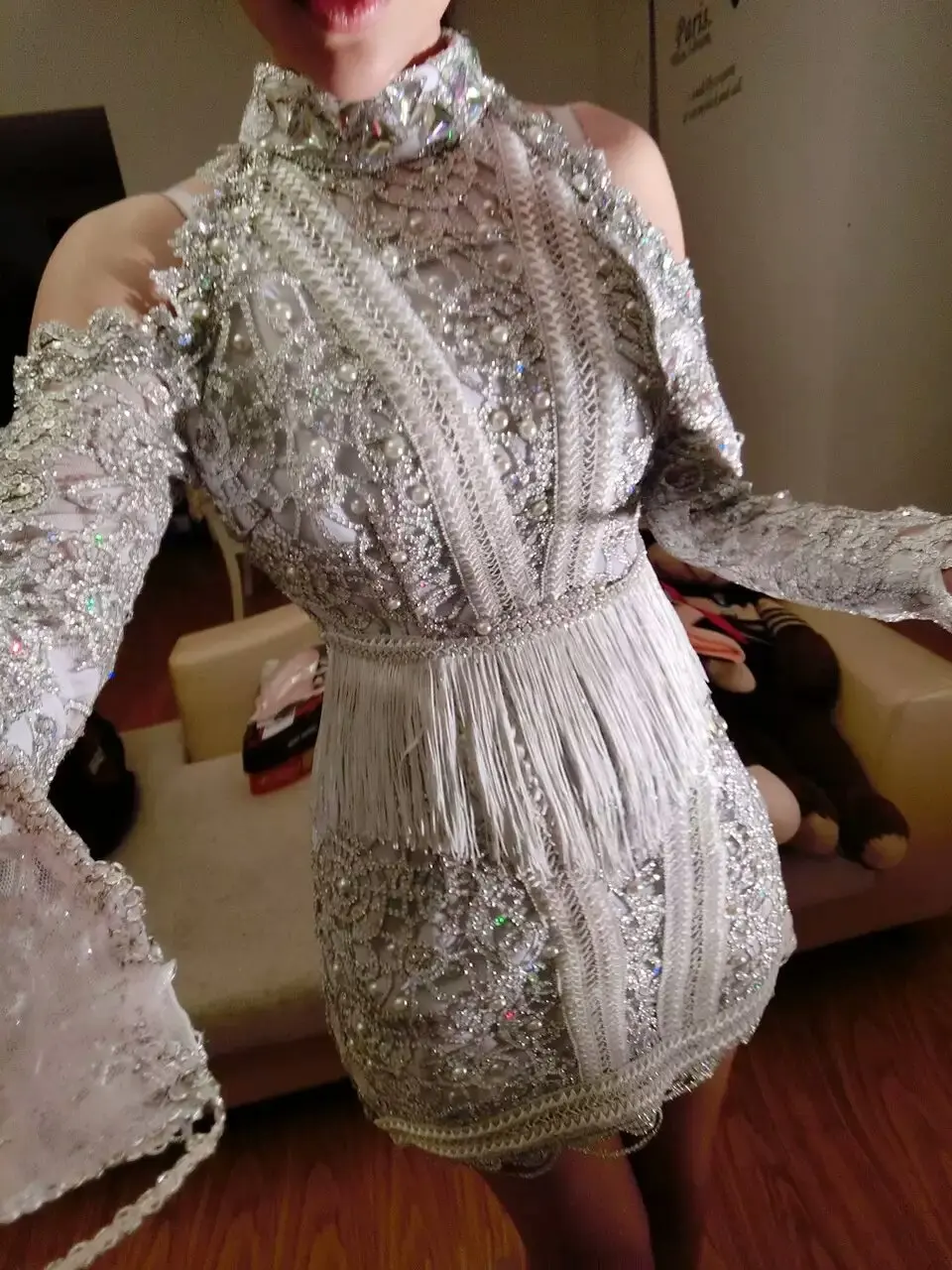 Платье стразы с длинным рукавом и серебряными блестками женские вечерние яркие
