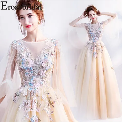 Цвет: желтый Erosebridal, элегантное вечернее платье с 3D цветком, длинное, новинка, трапециевидные вечерние платья для выпускного вечера, Тюлевая шаль со шнуровкой на спине - Цвет: Цвет: желтый