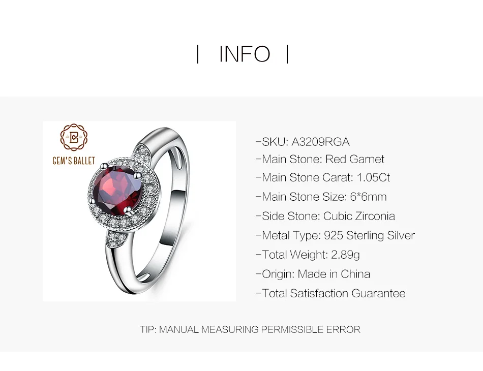 GEM'S балетные Настоящее серебро 925 проба классические обручальные кольца 1.05Ct круглый натуральный красный драгоценный камень, гранат кольцо для женщин ювелирные украшения