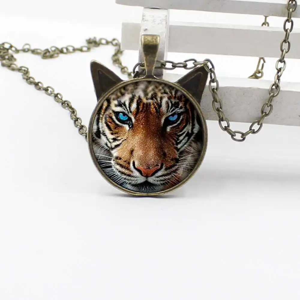 

Wholesale new charm tiger pattern necklace cat face jewelry girl boy glass dome necklace jewelry