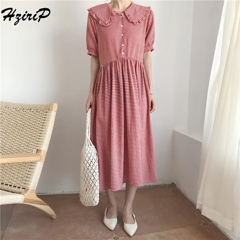 Hzirip Корея Style2018 Лето Для женщин элегантный плед милое платье отложным воротником