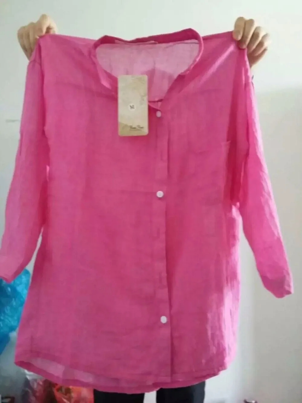 Женская блузка рубашка Прозрачная Тонкая 3/4 рукав свободный хлопок и лен Блузки