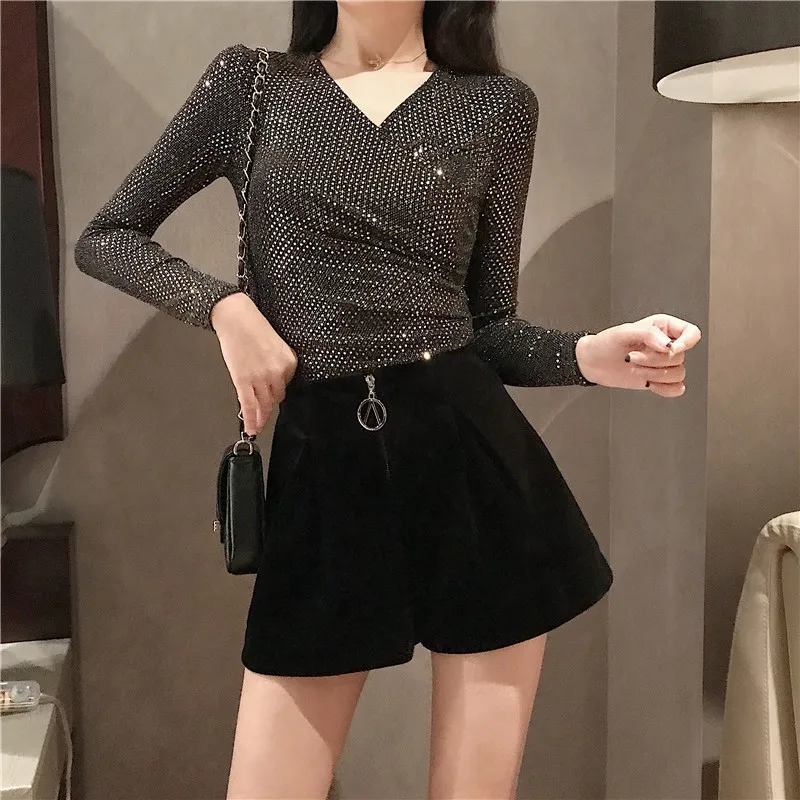 Модная женская одежда в стиле High Street 2019 блестящая блузка с длинным рукавом и