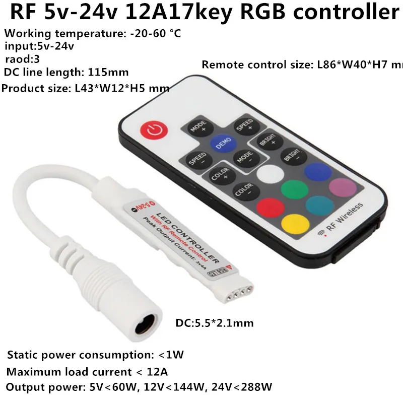 Фото 1 шт. 4Ax3Channel DC5v-24V RGB мини-контроллер с 17 клавишами Радиочастотный пульт для 5050 3528 1 шт. 4Ax3Channel DC5v-24V RGB мини-контроллер с 17 клавишами Радиочастотный пульт для 5050 3528