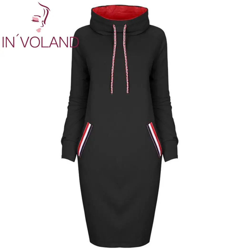 Женское модное платье свитер с капюшоном длиной до колена в полоску карманами и