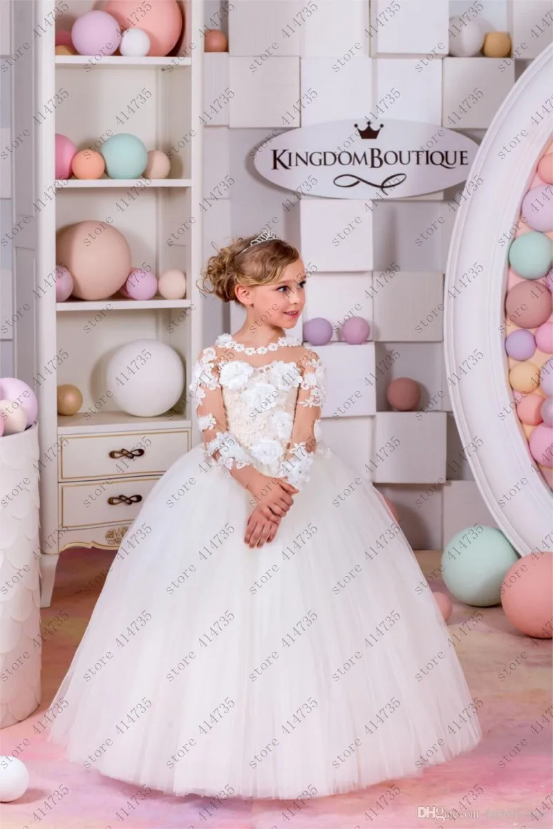 

White lace flower girl ball gown dresses 2019 scoop neck vestidos de daminhas de honra 2-14 full sleeves