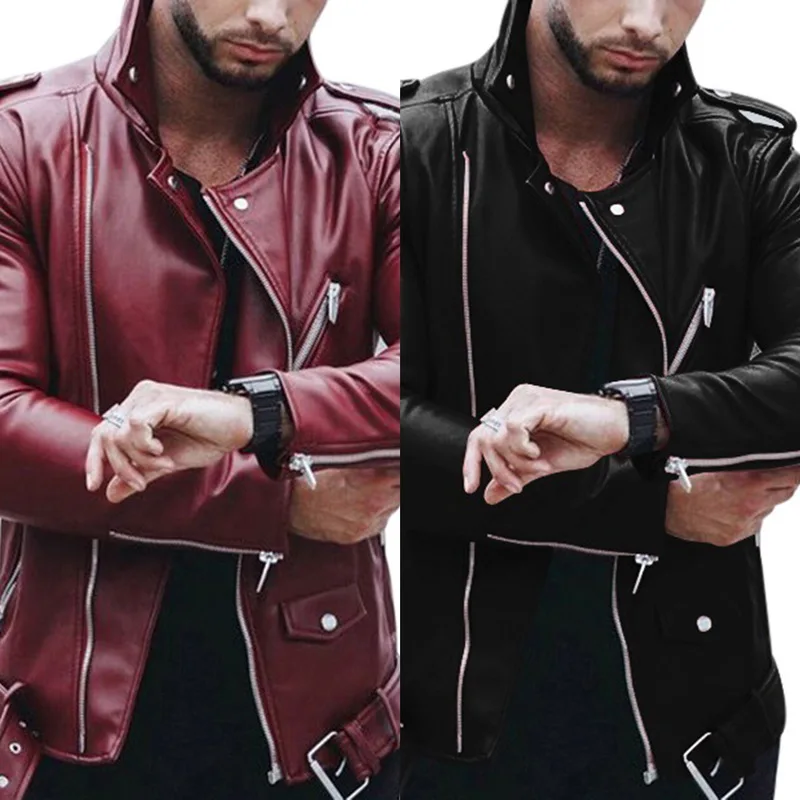 Мужская кожаная куртка VERTVIE осенняя с длинным рукавом и воротником стойкой на