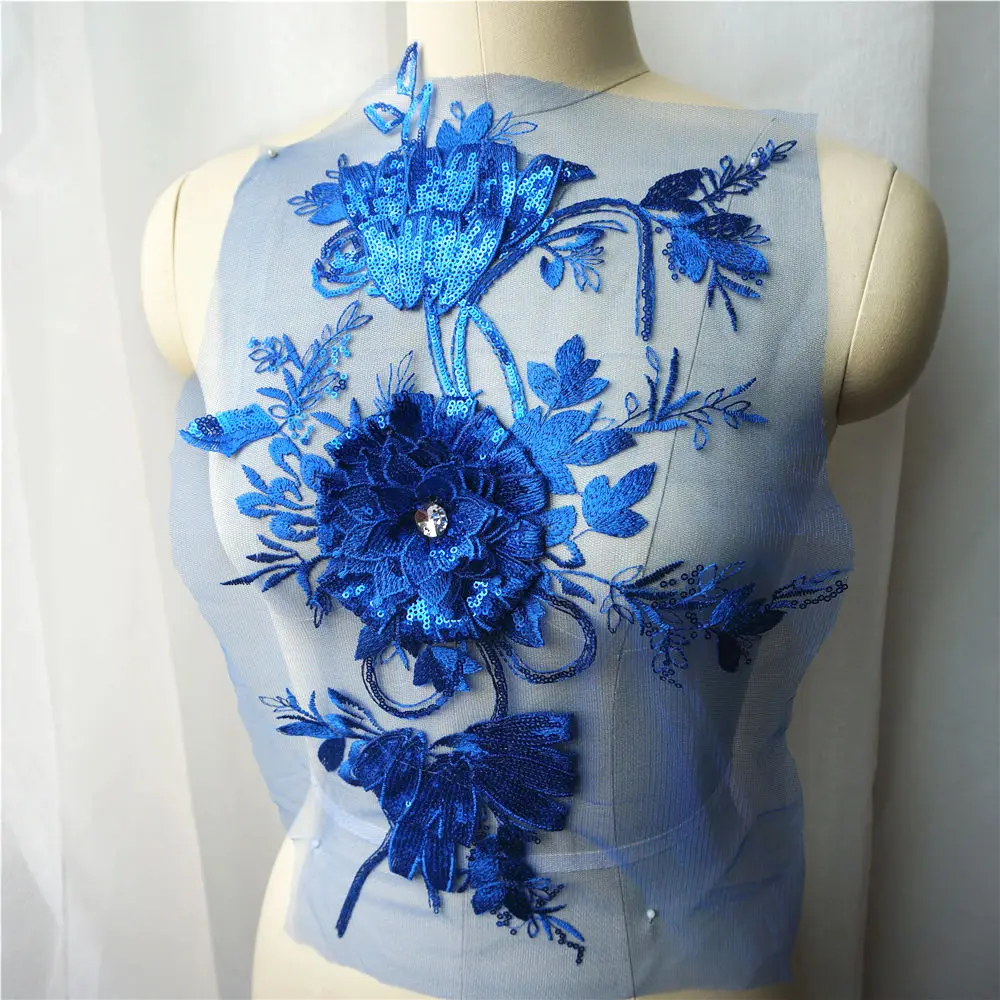 Синий блесток 3D цветок листья кружева ткань горный хрусталь Вышитые свадебное