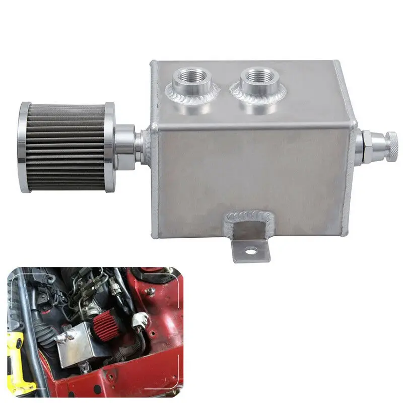 New Aluminum Engine Oil Catch Can Tank+ Breather& Drain Tap Baffled