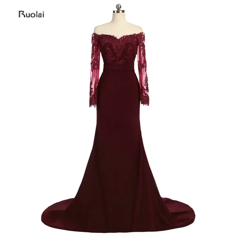 

Elegant Burgundy Bridesmaid Dresses 2018 Long Sleeves Boat Neck Appliques Low Back Maid Of Honor Dress Mermaid Prom Dresses