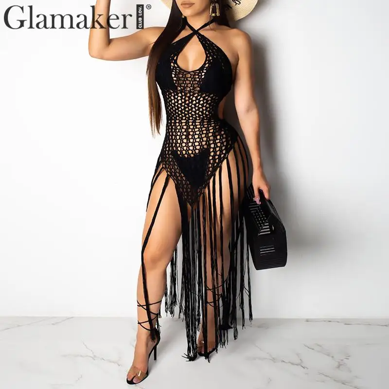 Glamaker, сексуальное трикотажное черное платье с бретелькой через шею, женское элегантное облегающее платье средней длины с открытой спиной, вечерние платья с кисточками