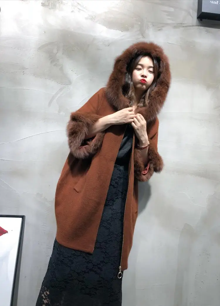 2019 Women knitted mink cashmere sweater with big fox fur sleeve hood ladies fashion batwing coat zip |