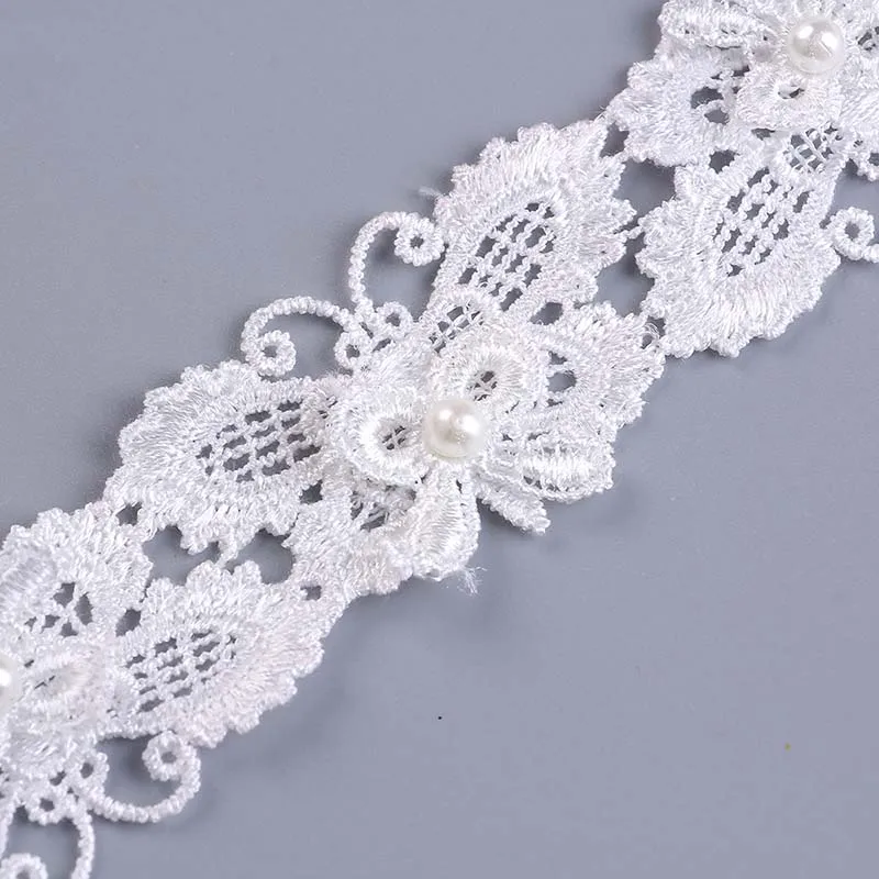 White pink butterfly Cotton Lace Trims with pearl beads DIY Clothes Edge Wrapping Ribbon Tape Material 0.9m 1PC | Дом и сад