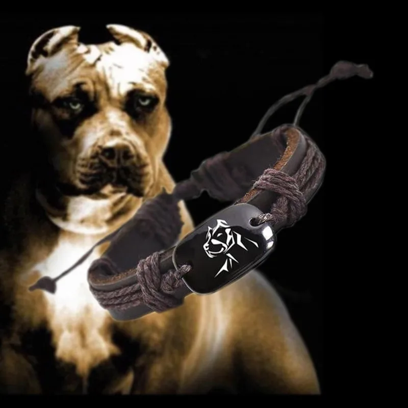 dog 1 PITBULL винтажный Плетеный плетеный кожаный браслет унисекс резные из кости яка логотип, модные украшения для женщин и мужчин Прямая поставка - Окраска металла: dog 1