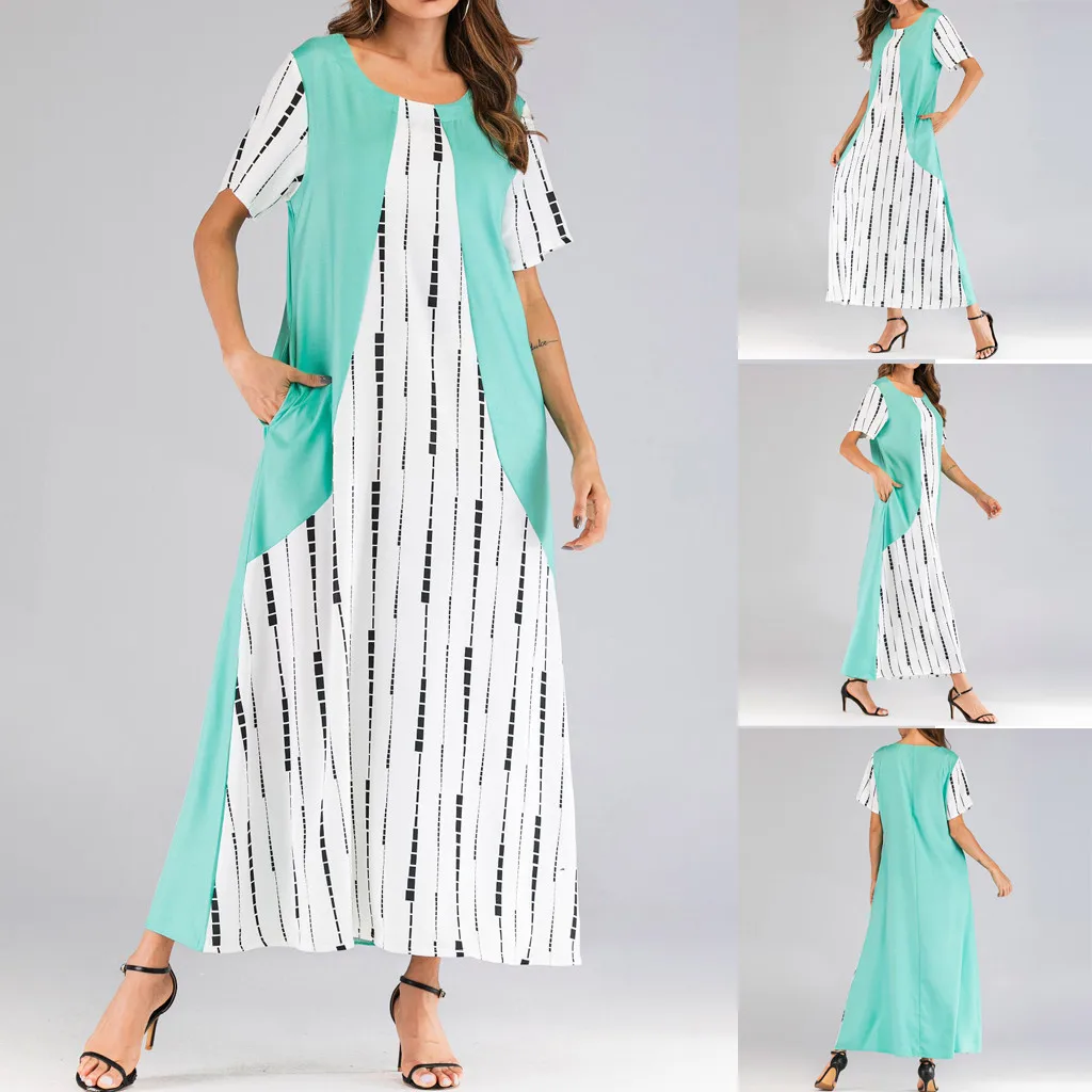 

Fashion Muslim Dress Women O-Neck Short Sleeve Color Block Patchwork Muslim Long Casual Dress Patchwork Arab Islamic Clothing