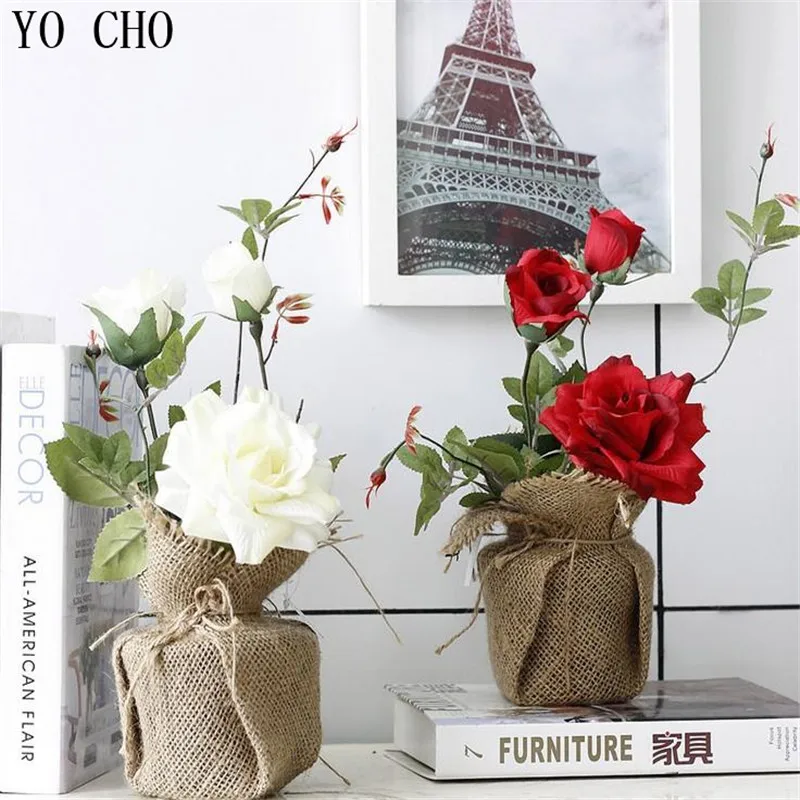 Оптовая продажа искусственные розы в горшках льняная упаковка с вазой подарок