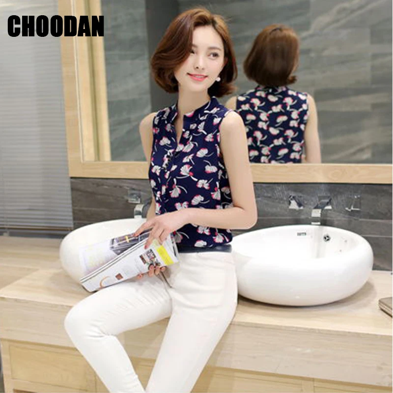Summer Tops For Women 2018 Sleeveless Blouse Shirt Ladies Chiffon Blouses Female New Stand Collar Print Korean Fashion Clothing |
