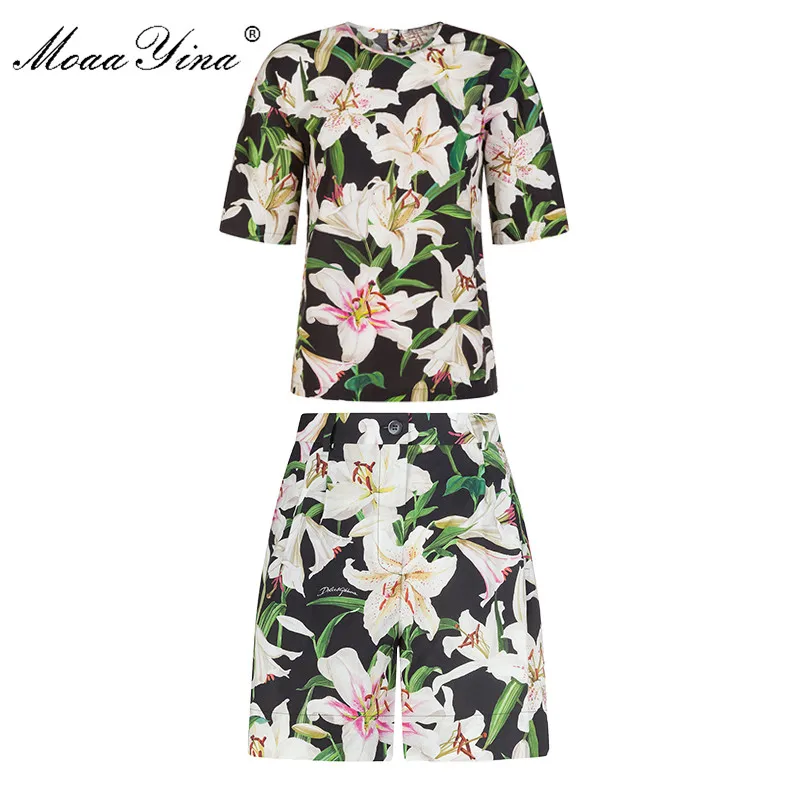 MoaaYina модный дизайнерский подиумный костюм летний женский короткий рукав лилия