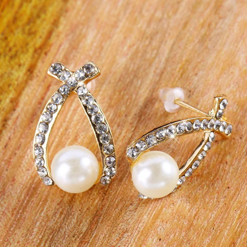 FUNIQUE 2018 Simulate Pearl Rhinestone Stud Earrings For Women New Cross Crystal Earings Party Wedding Jewelry Gift Brinco | Украшения и