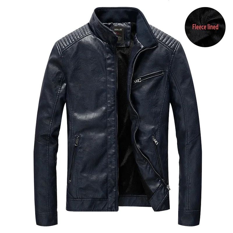 Dark blue fleece Мужская кожаная куртка мужская весенне-осенняя повседневная куртка из искусственной кожи пальто Зимняя Толстая теплая верхняя одежда для мотоциклистов куртки мужская одежда - Цвет: Dark blue fleece