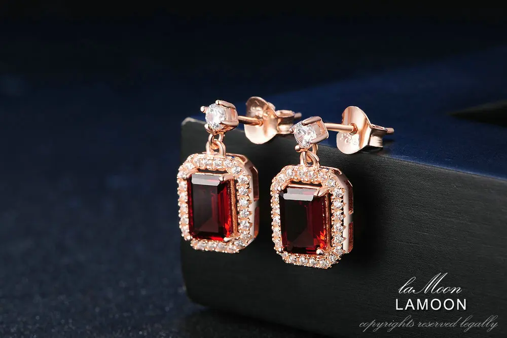 LAMOON серьги-капли с кристаллами для женщин, классика карат, натуральный красный гранат, 925 пробы Серебро S925, хорошее ювелирное изделие LMEI025
