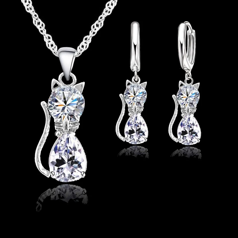 

Women Jewellery Sets Genuine 925 Sterling Silver Cubic Zirconia Cat Cute Necklace Pendant+Leverback Earrings Hot Selling