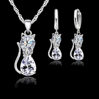 women jewellery sets genuine 925 sterling silver cubic zirconia cat cute necklace pendantleverback earrings hot selling