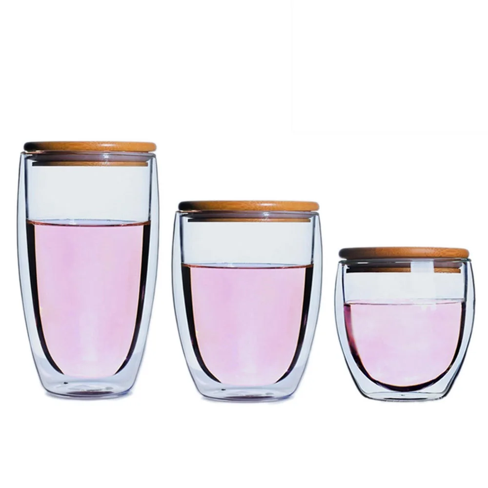 

JANKNG 4 Pcs/Set Hot Transparent Double Layer Glass Cup with Cover Tea Heat Resistant Cup Coffee Mug Insulation Cup Drinkware