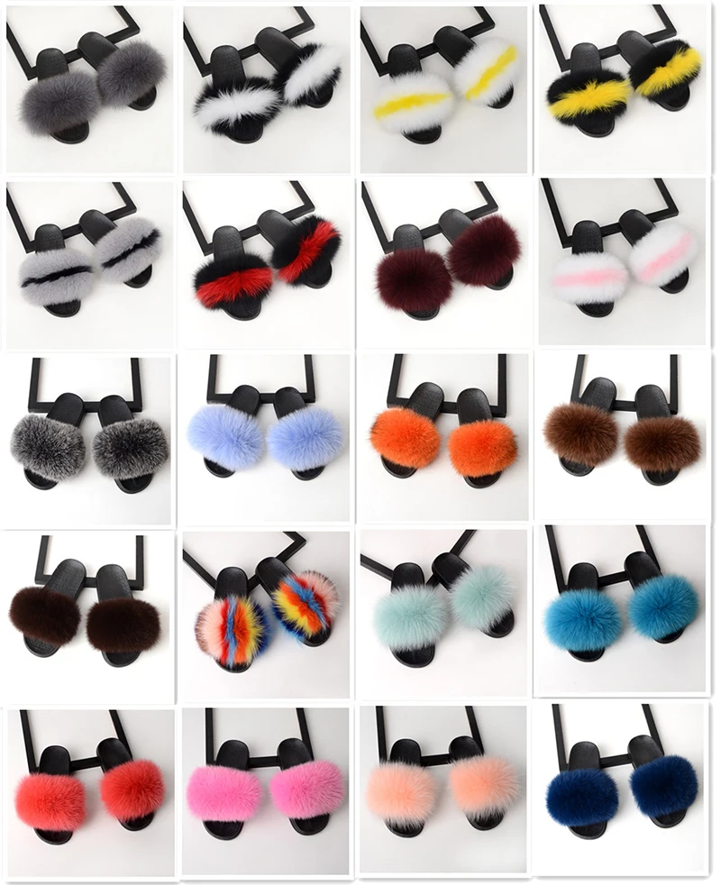 Hot Women Furry Slippers Ladies Cute Plush Natural Fox Hair Slippers Real Fur Slippers Summer Indoor Outdoor Slippers for Women