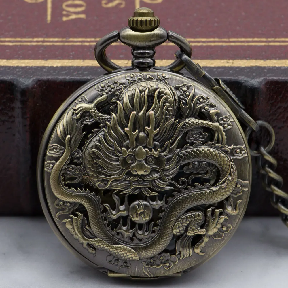 

Лидер продаж, модные крутые кварцевые карманные часы PJX1327 с китайским дизайном дракона, для мужчин и женщин, подарок с цепочкой, скелетоном и...