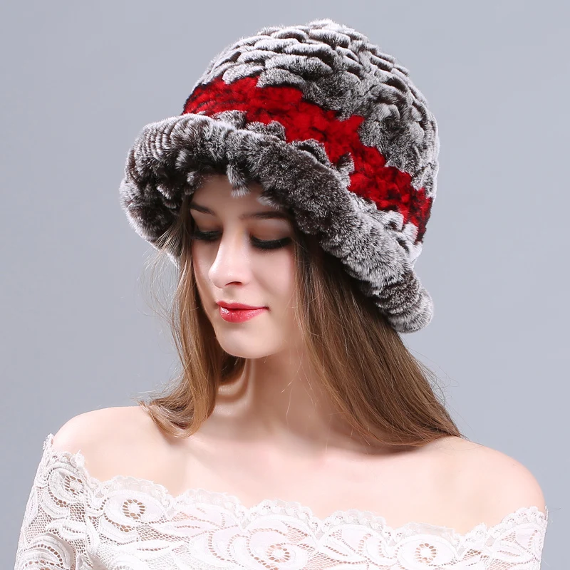 Новинка 2019 женские зимние шапки Настоящий мех кролика женская трикотажная шапка