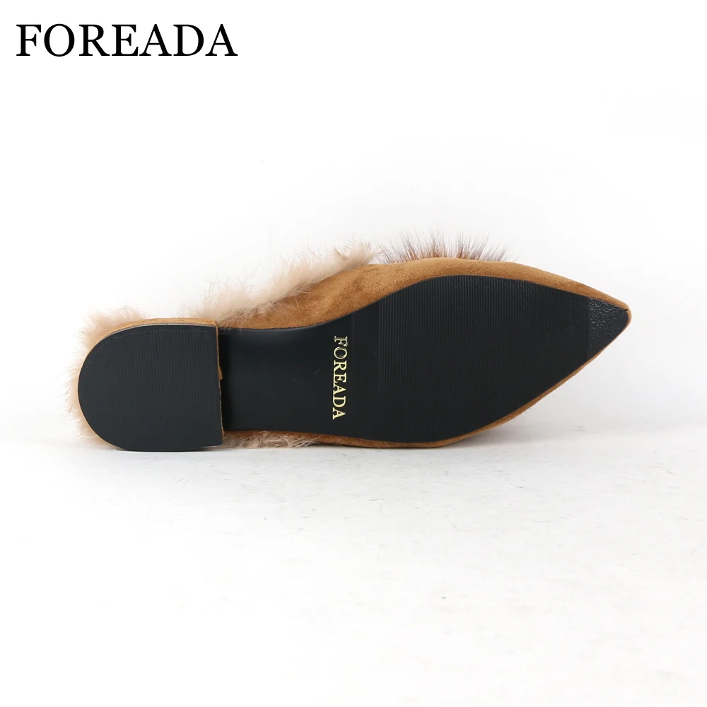 Женские мюли FOREADA зимние замшевые тапочки их меха под кролика на плоской подошве
