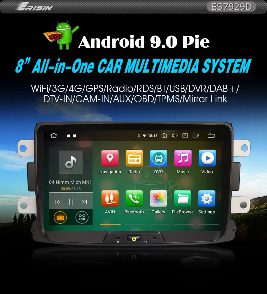 Erisin ES7929D 8 дюймов Android 9,0 Восьмиядерный 4 Гб ram автомобильный DVD Радио BT для renault dacia duster Logan Sandero Dokker Lodgy