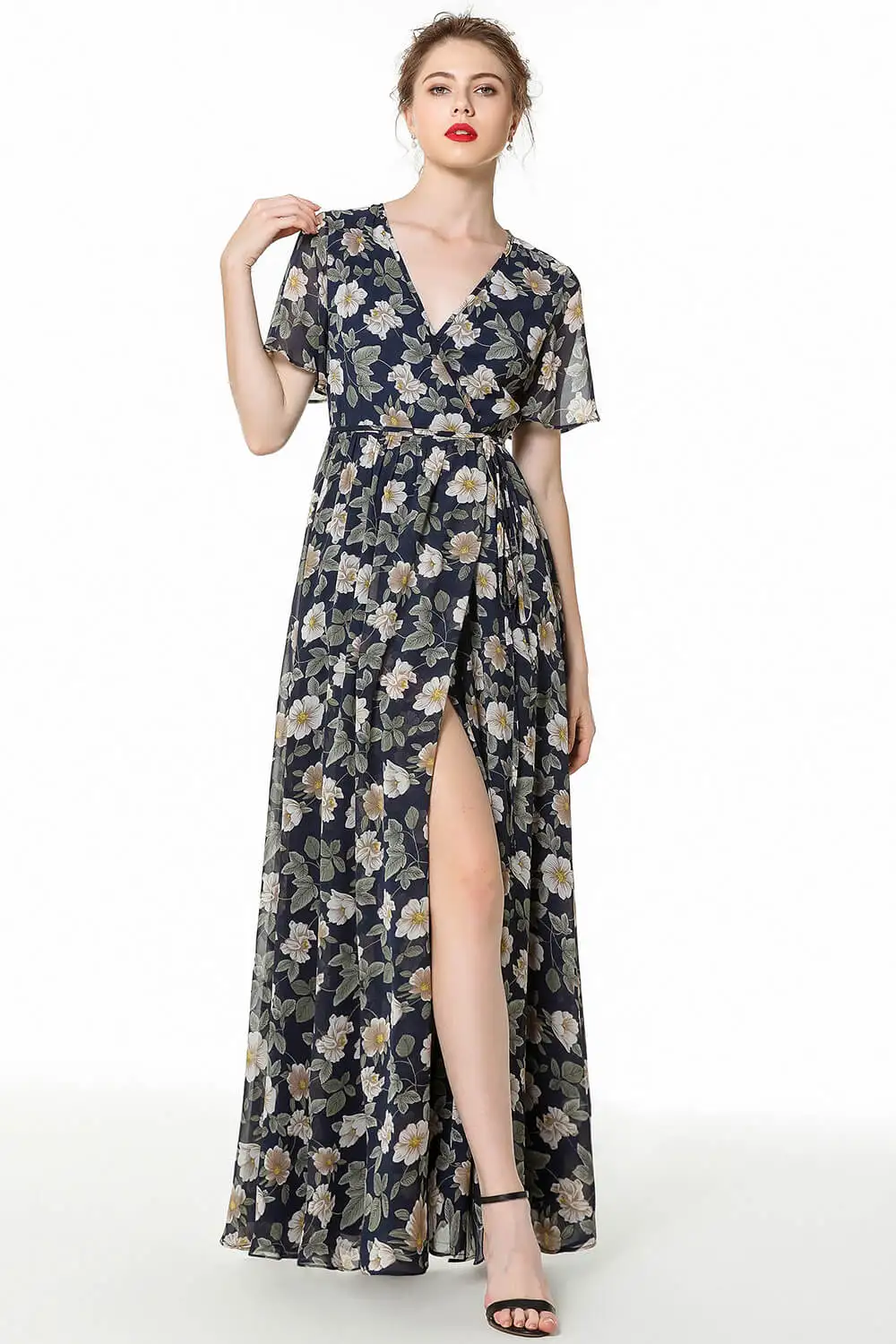 Элегантное v образный вырез цветочный узор длинное вечернее платье 2019 простое