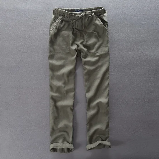 army green Итальянские стильные брендовые длинные брюки, мужские льняные брюки, мужские свободные повседневные брюки с эластичной резинкой на талии, мужские хлопковые брюки, 38 размер - Цвет: army green